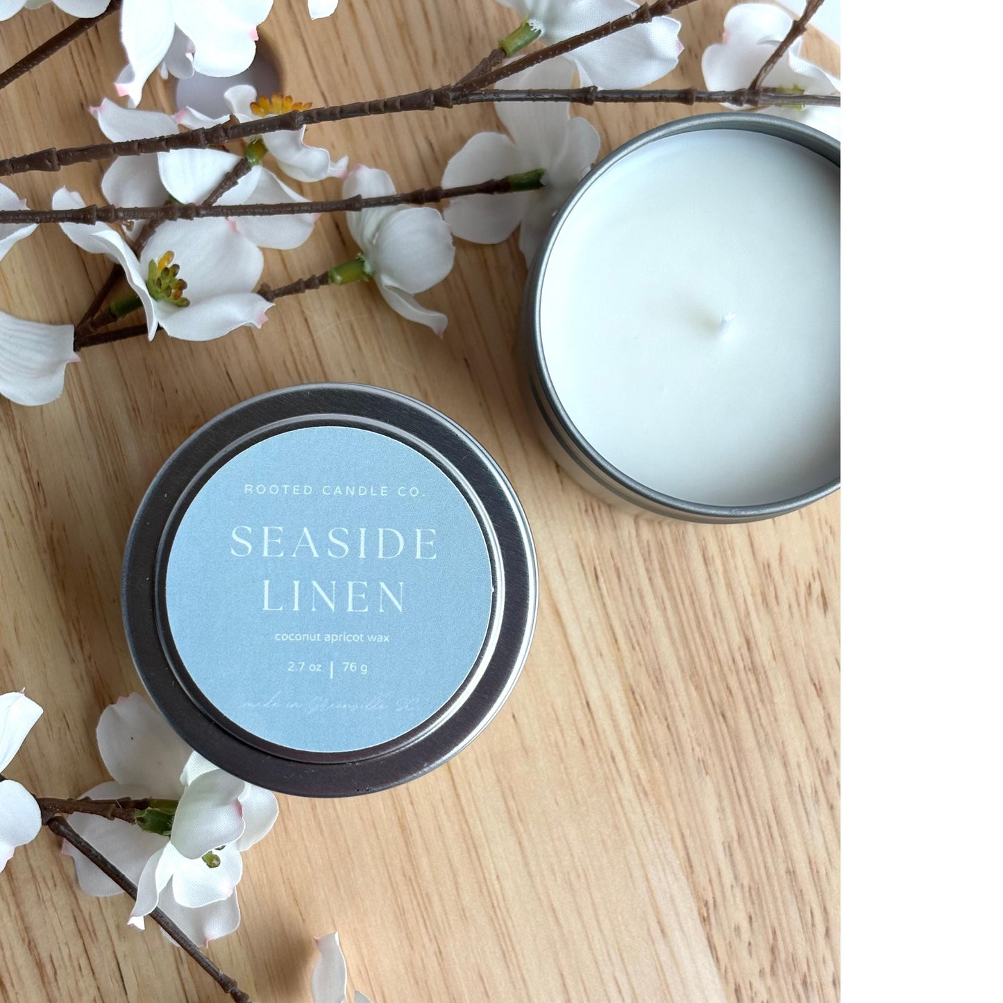 Seaside linen clean burning candle by rooted candle co