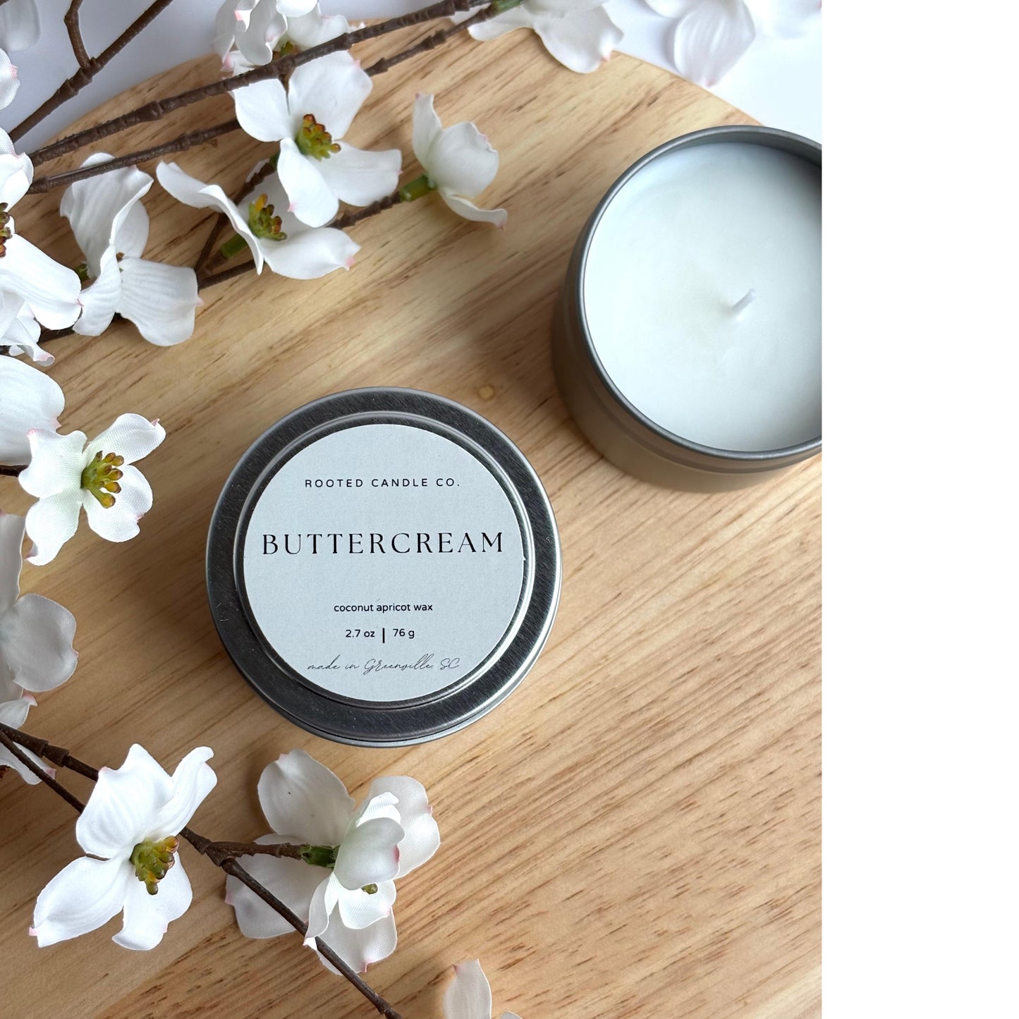 buttercream clean burning candle by rooted candle co