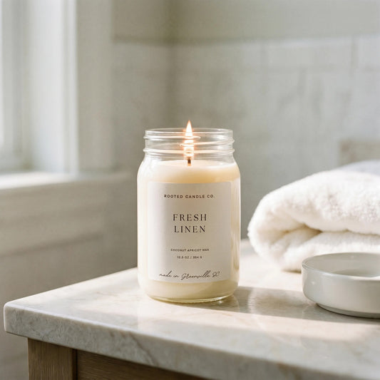 Fresh Linen candle on marble bathroom counter with folded towel