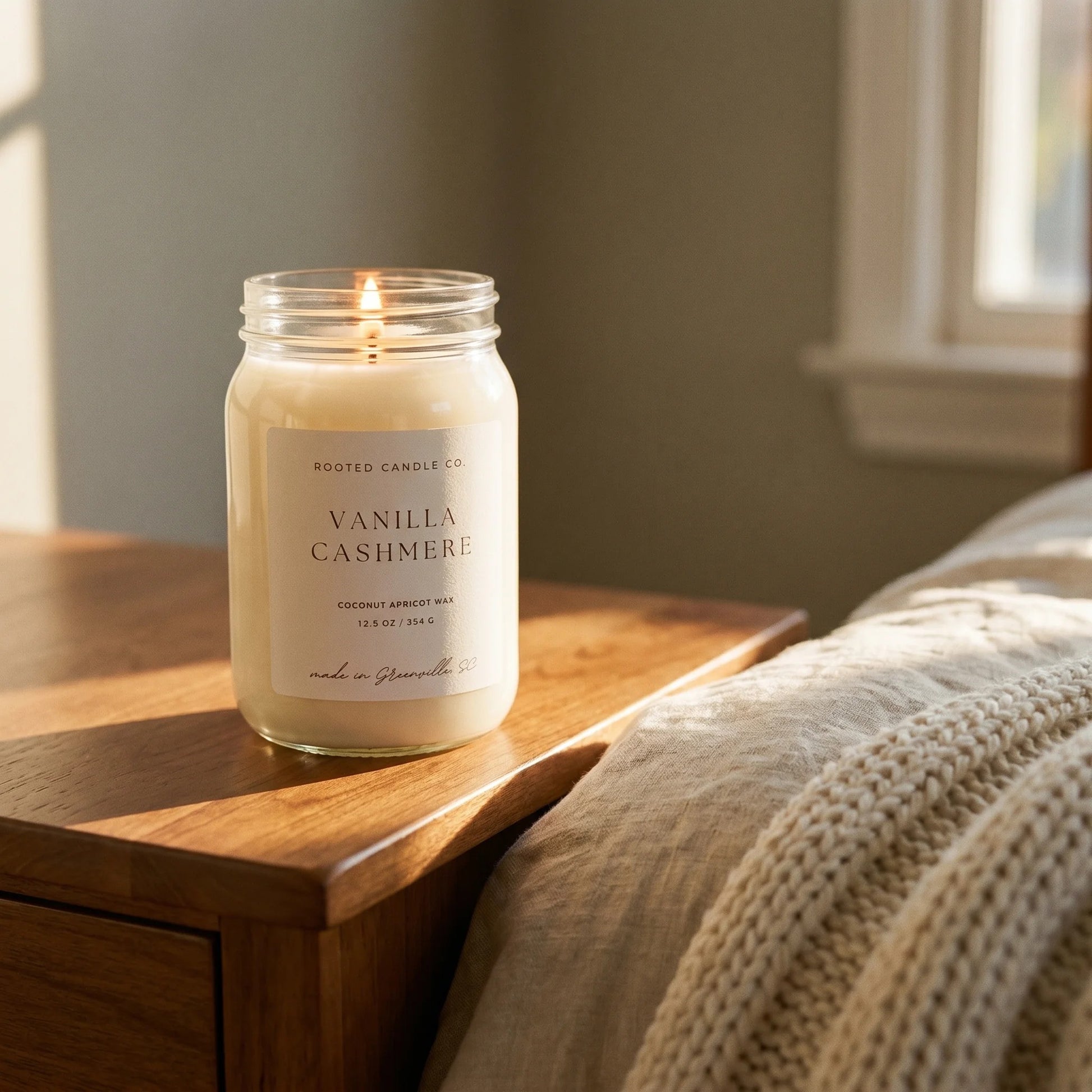 Vanilla Cashmere candle on sunlit bedroom nightstand with knit throw