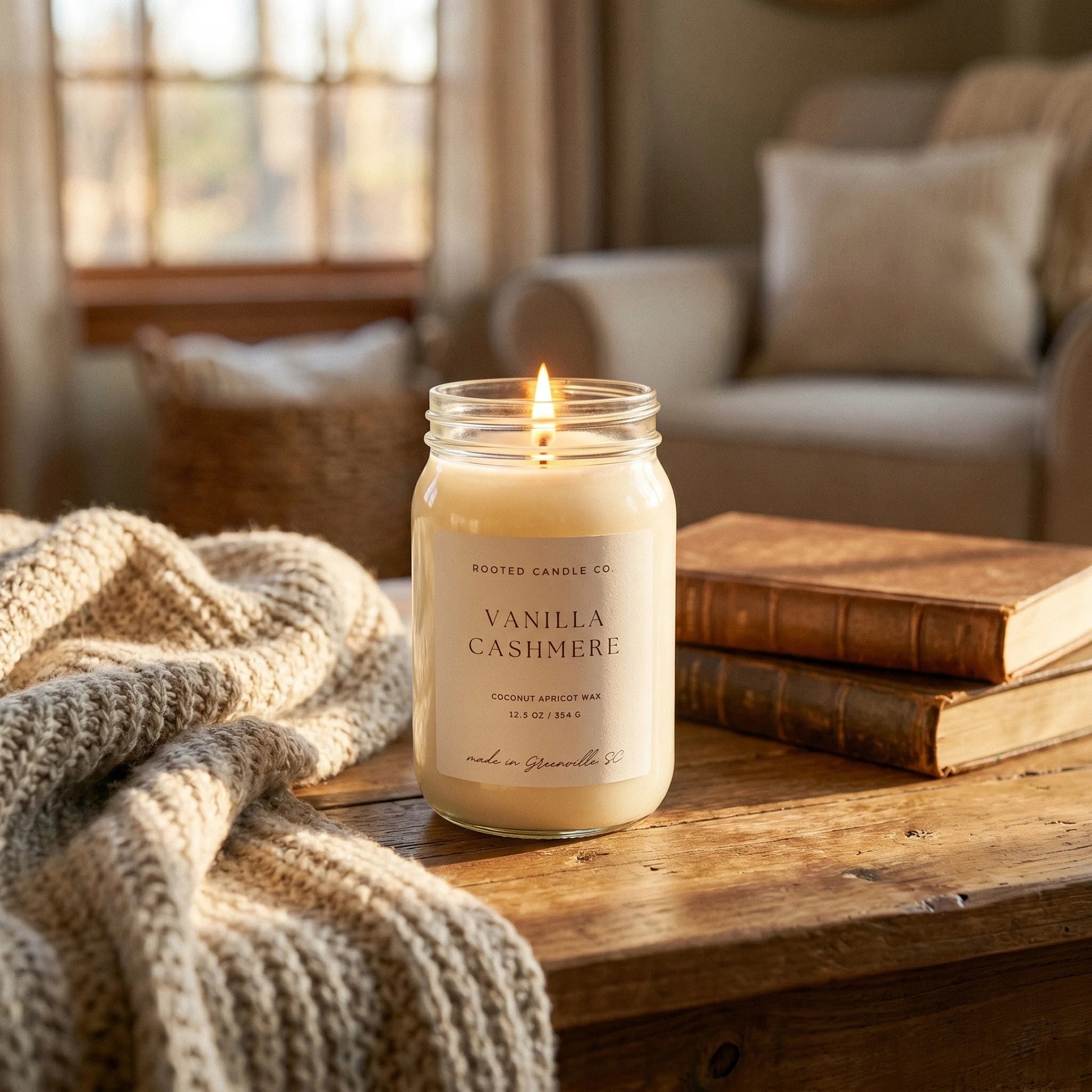 Vanilla Cashmere candle on low wood table with chunky wool throw and books